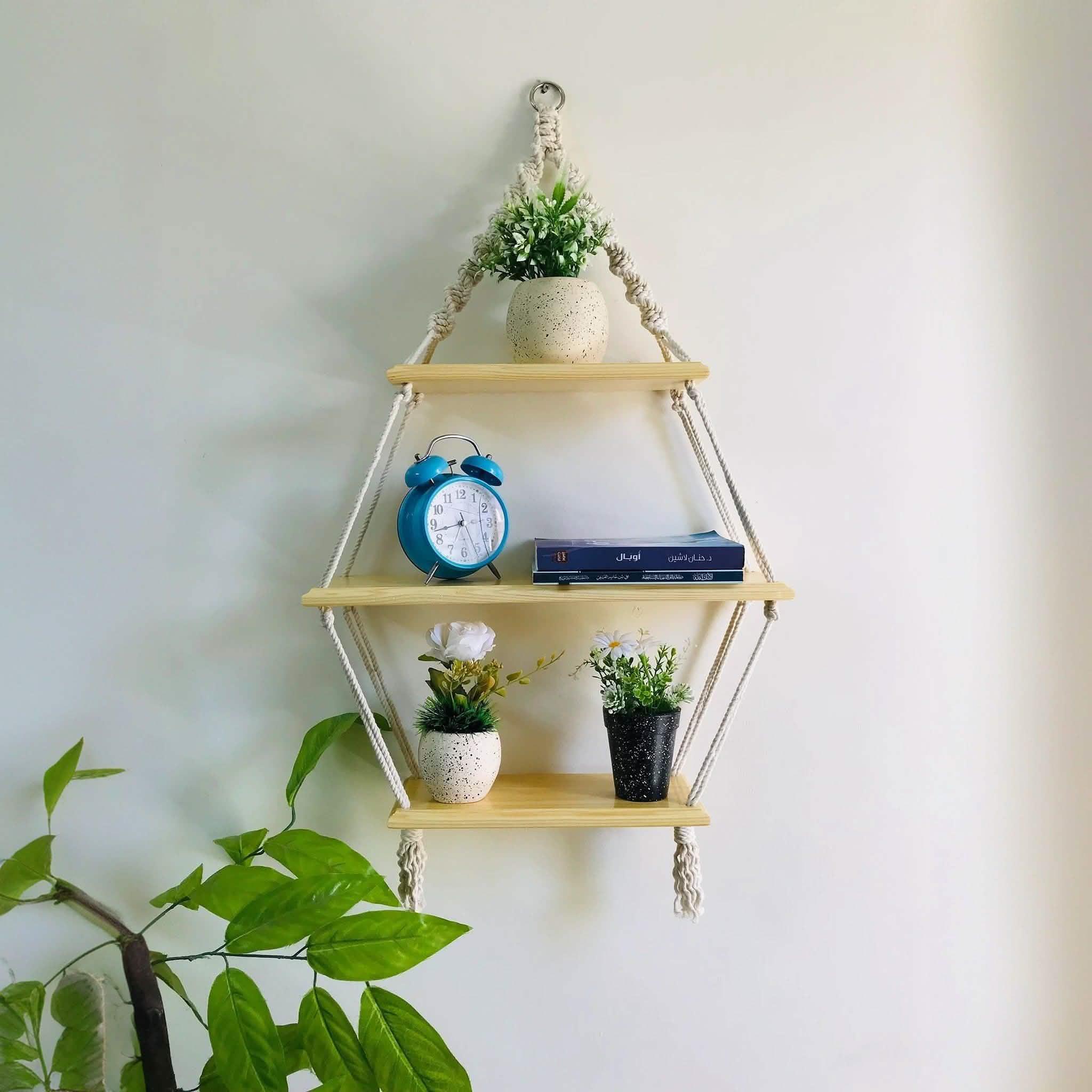 وحدة أرفف مكرمية قطن و خشب موسكي، 50*14*100 سم