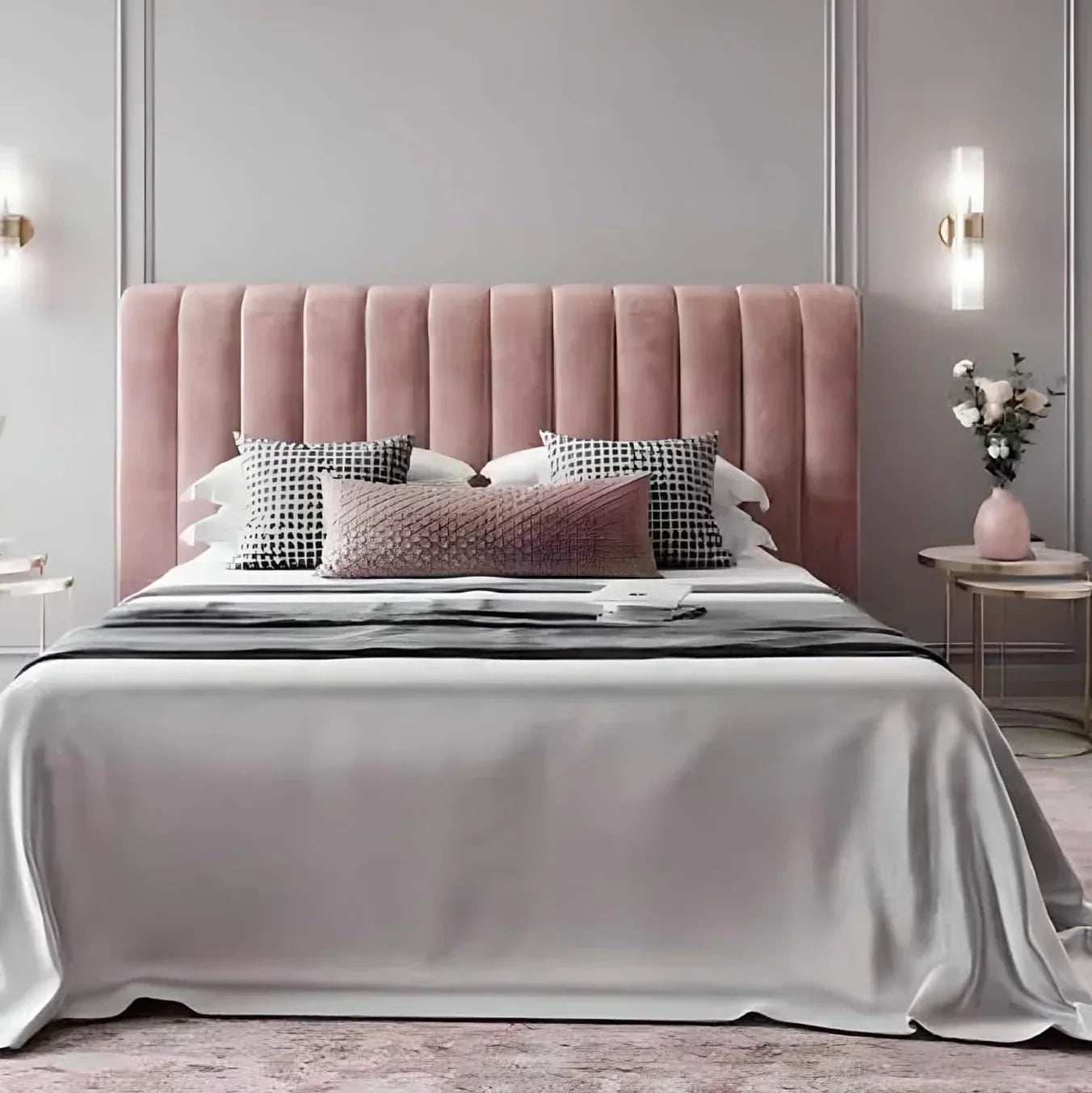 سرير فردي خشب موسكي بقيادة مخملية وردية مفرشة بأبعاد 120 195 120 سم مناسب لغرفة نوم