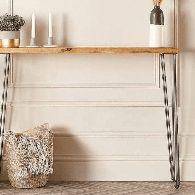كونسول خشبي ريفي مع أرجل معدنية رفيعة ستيل 120x30x90 سم مناسب للديكور العصري
