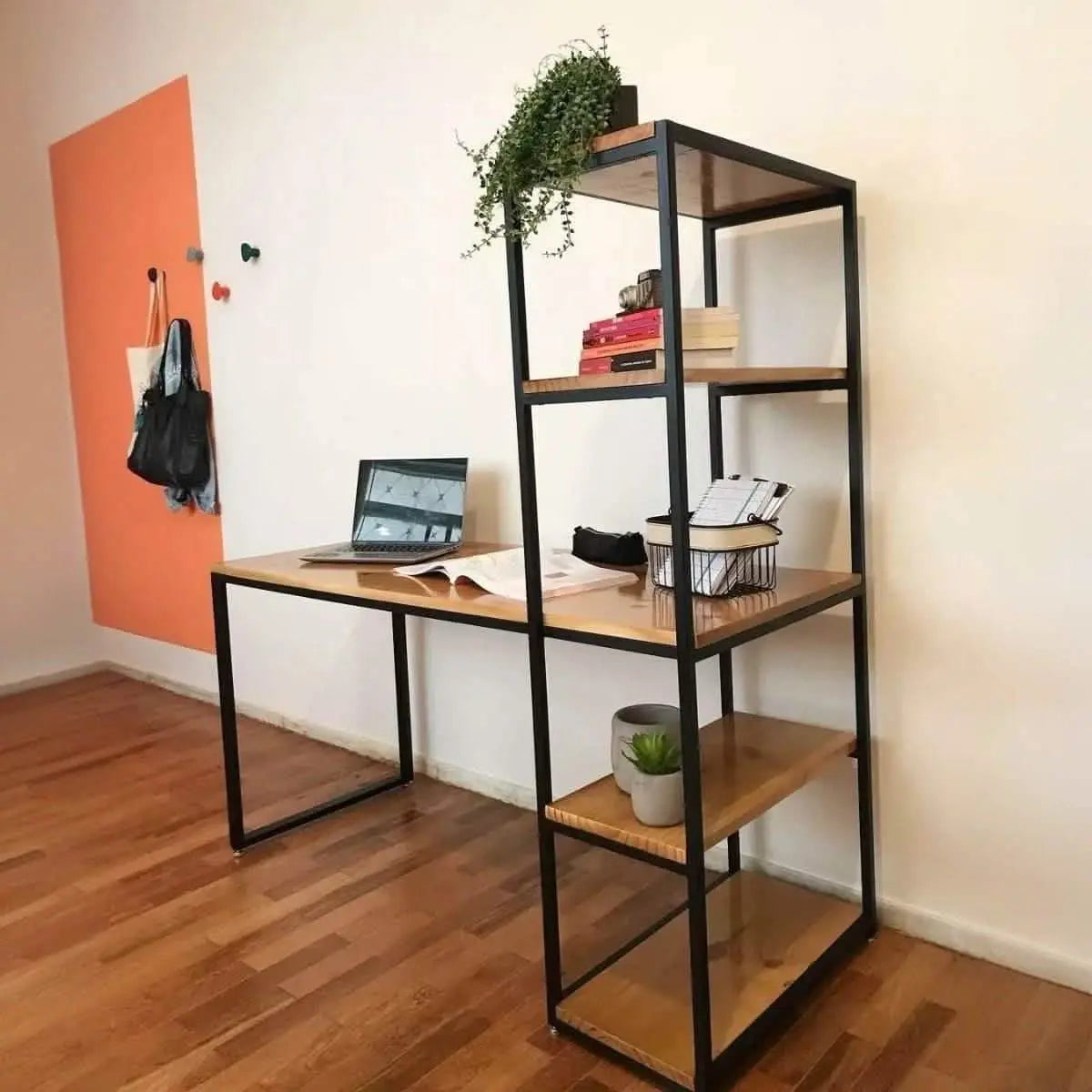 مكتب بمكتبة جانبية ام دي اف ومعدن، 120*60*160 سم