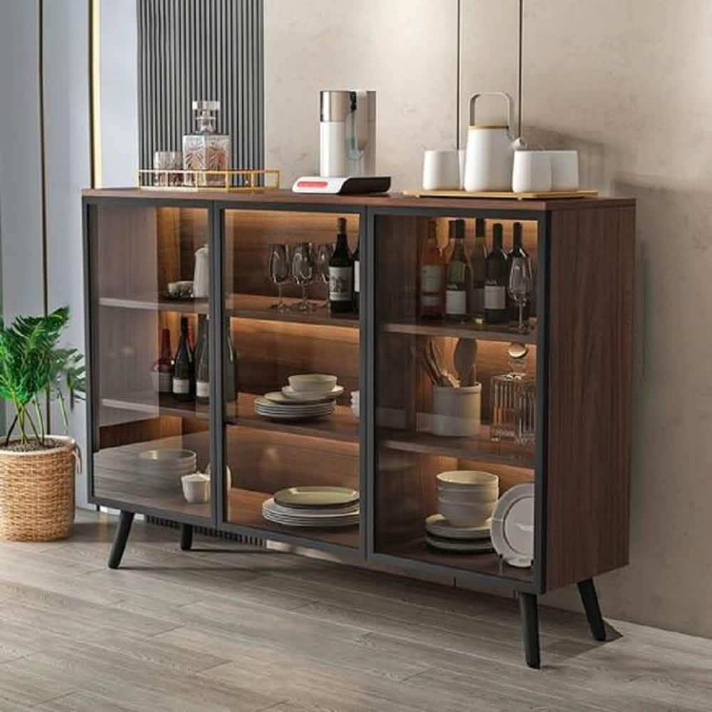 بوفيه خشب ام دي اف 120x40x85 سم مع باب زجاجي معدني اسود وخشب داكن وارجل مضاءة للبيع