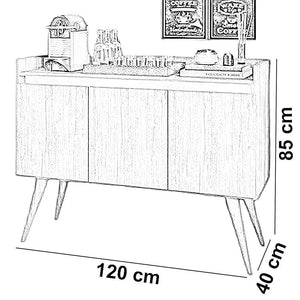 بوفيه خشب ام دي اف بني بابعاد 120 40 85 سم بتصميم عصري مع ارجل مدببة وثلاث ابواب خزانة
