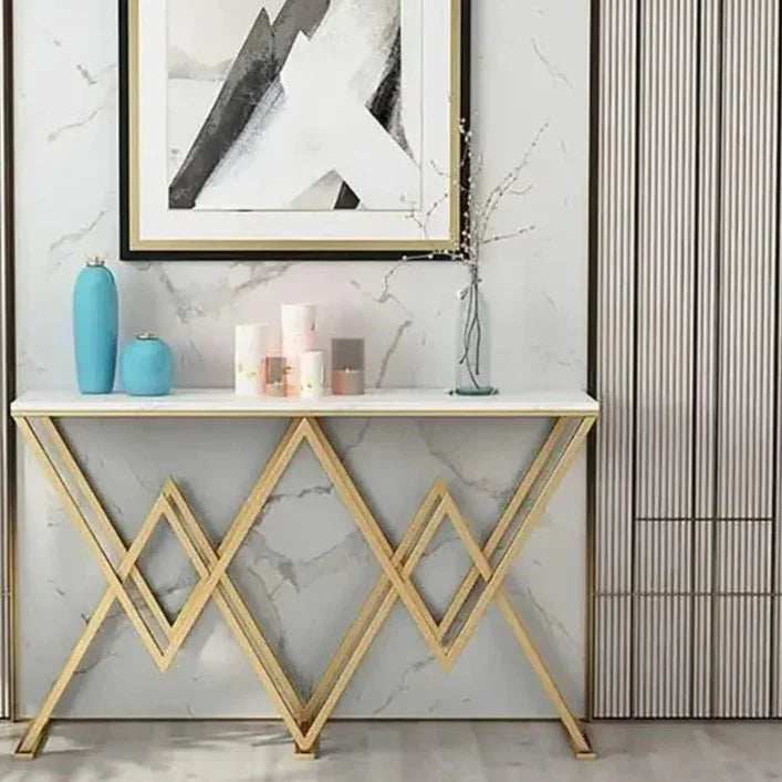 كونسول معدن ذهبي هندسي مع سطح رخامي أبيض مقاس 140*40*90 سم للاستخدام المنزلي