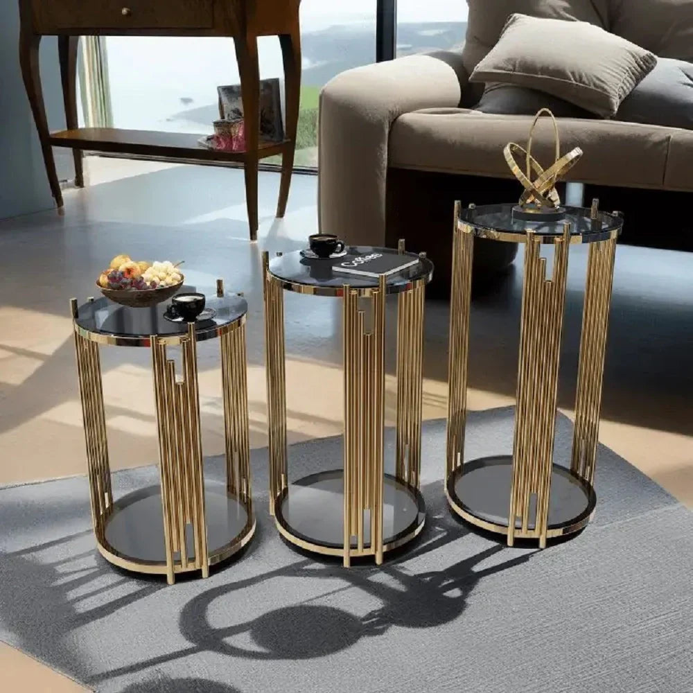 طقم ترابيزات جانبية متداخلة ستانلس ستيل بسطح زجاج، 3 قطع