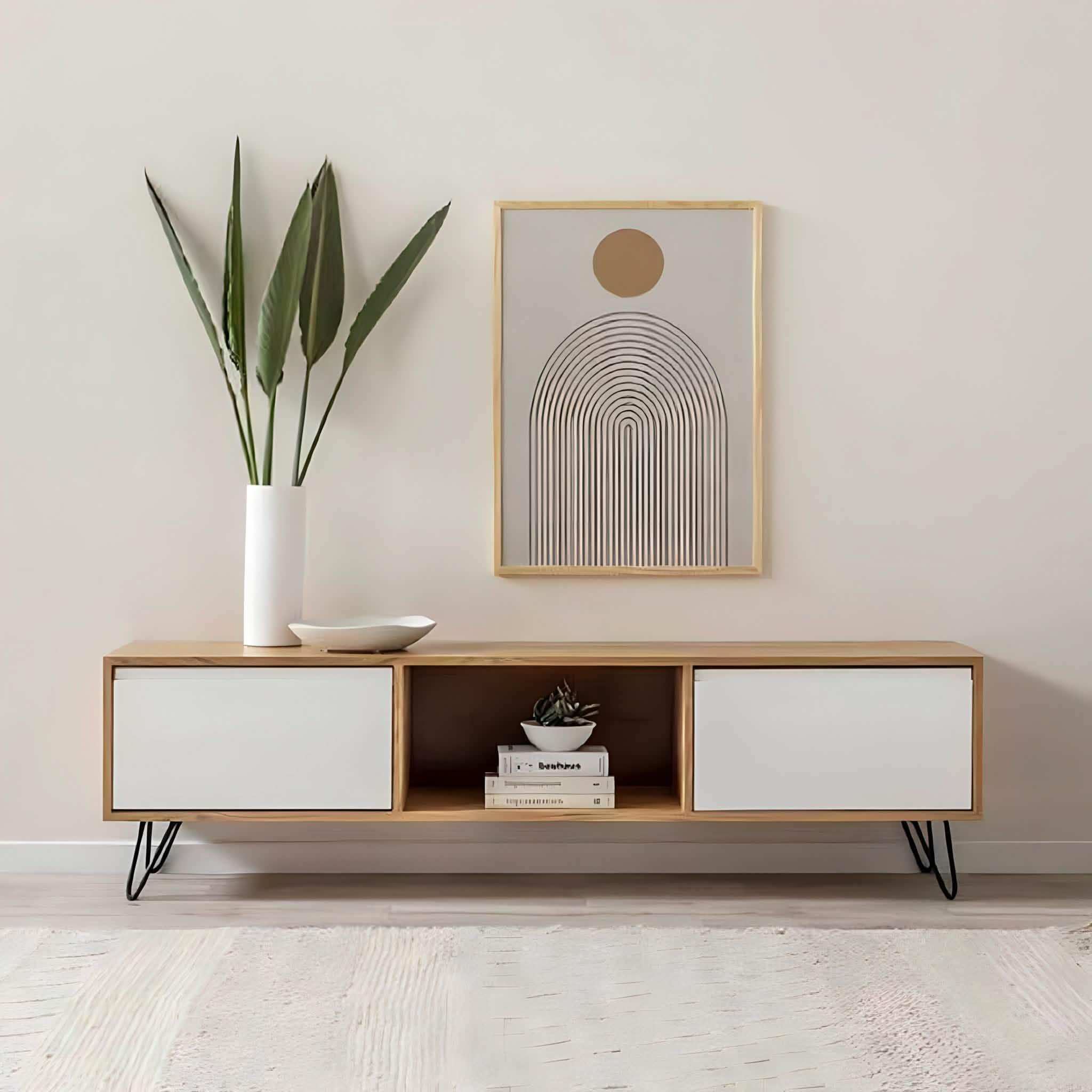 ترابيزة تليفزيون خشب ام دي اف مودرن بأدراج بيضاء وأرجل شعرية سوداء 140x30x45 سم