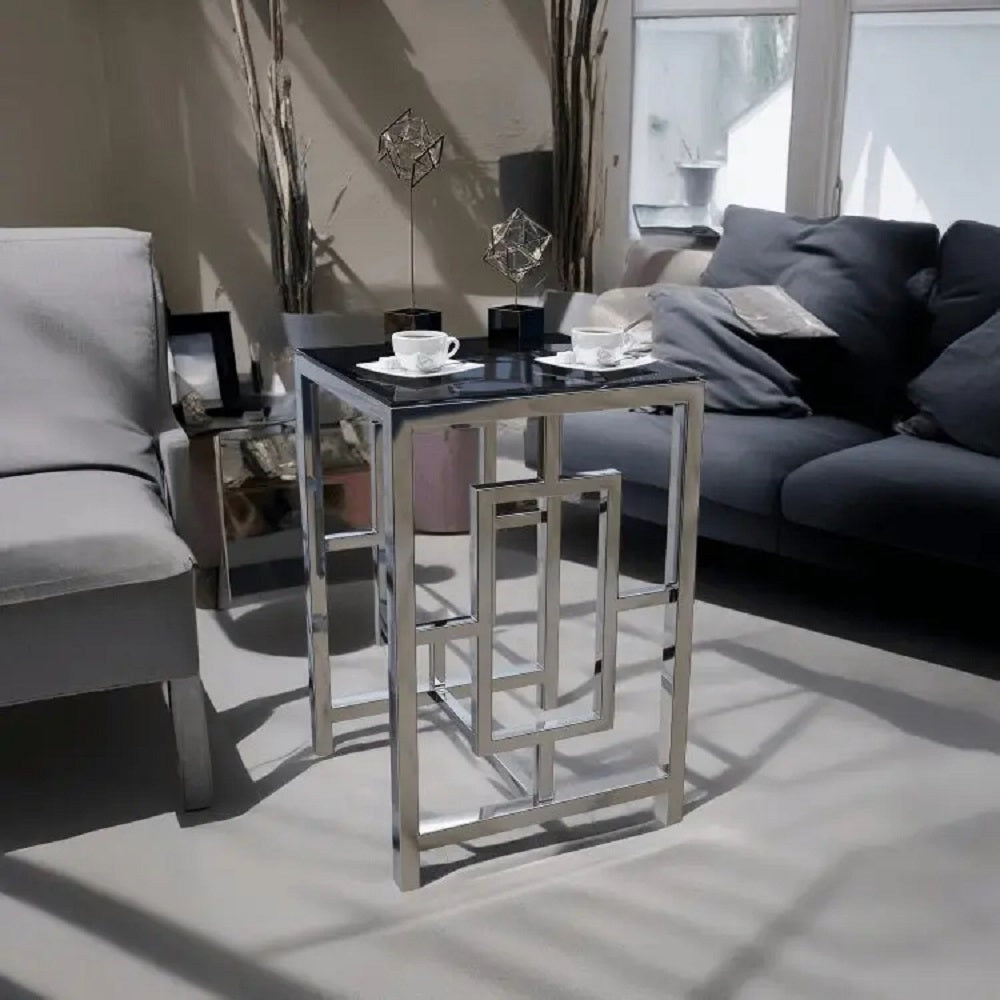 ترابيزة جانبية ستيل بسطح زجاج، 45*45*60 سم