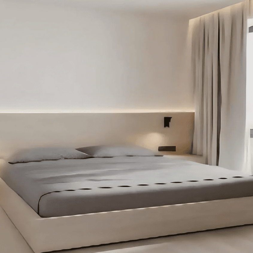 سرير سوبر كينج خشب كونتر 180*200*120 سم بتصميم حديث مع إضاءة led مدمجة وتنجيد قماشي بيج ناعم