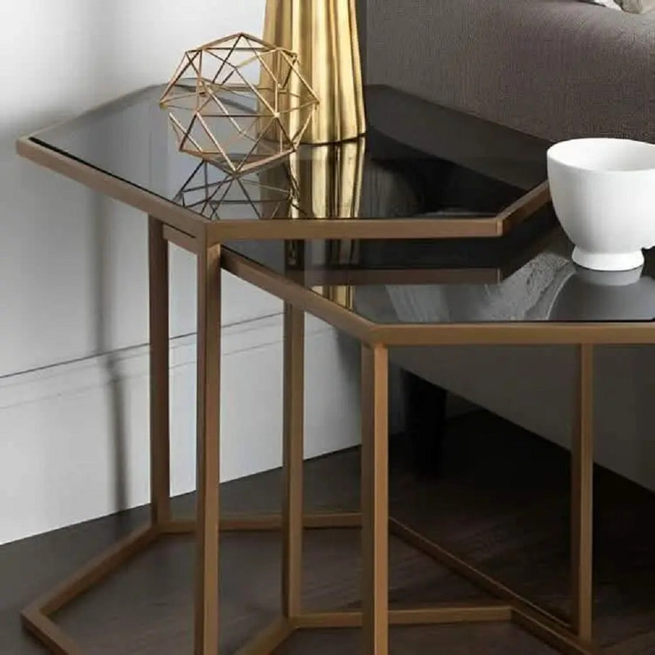 طقم ترابيزات جانبية معدن بسطح زجاج، قطعتين