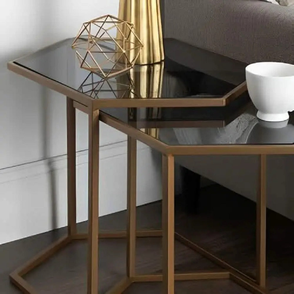 طقم ترابيزات جانبية معدن بسطح زجاج، قطعتين