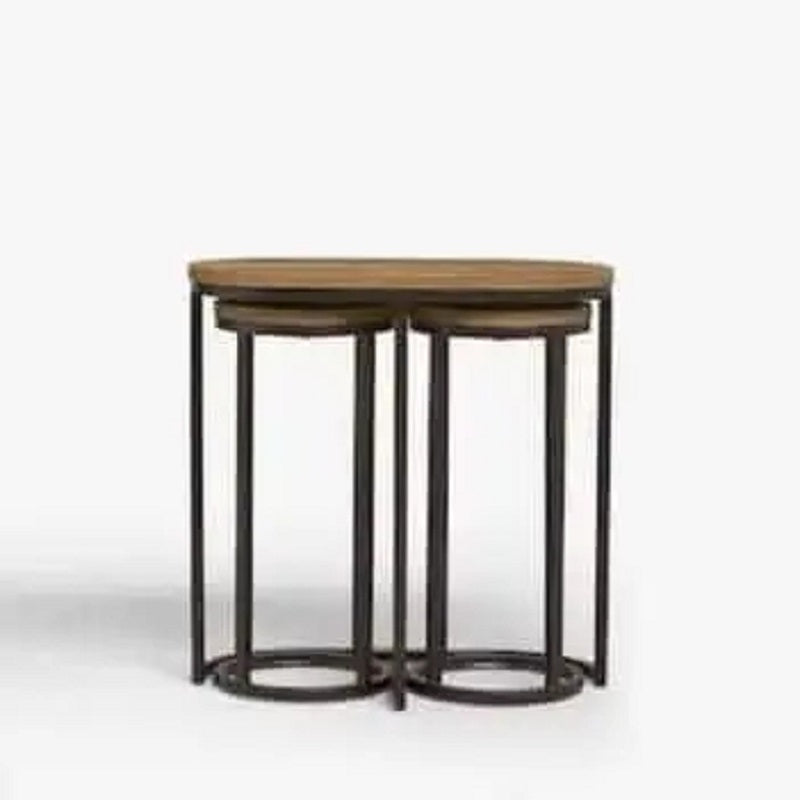 طقم ترابيزات جانبية معدن بسطح خشب، 3 قطع