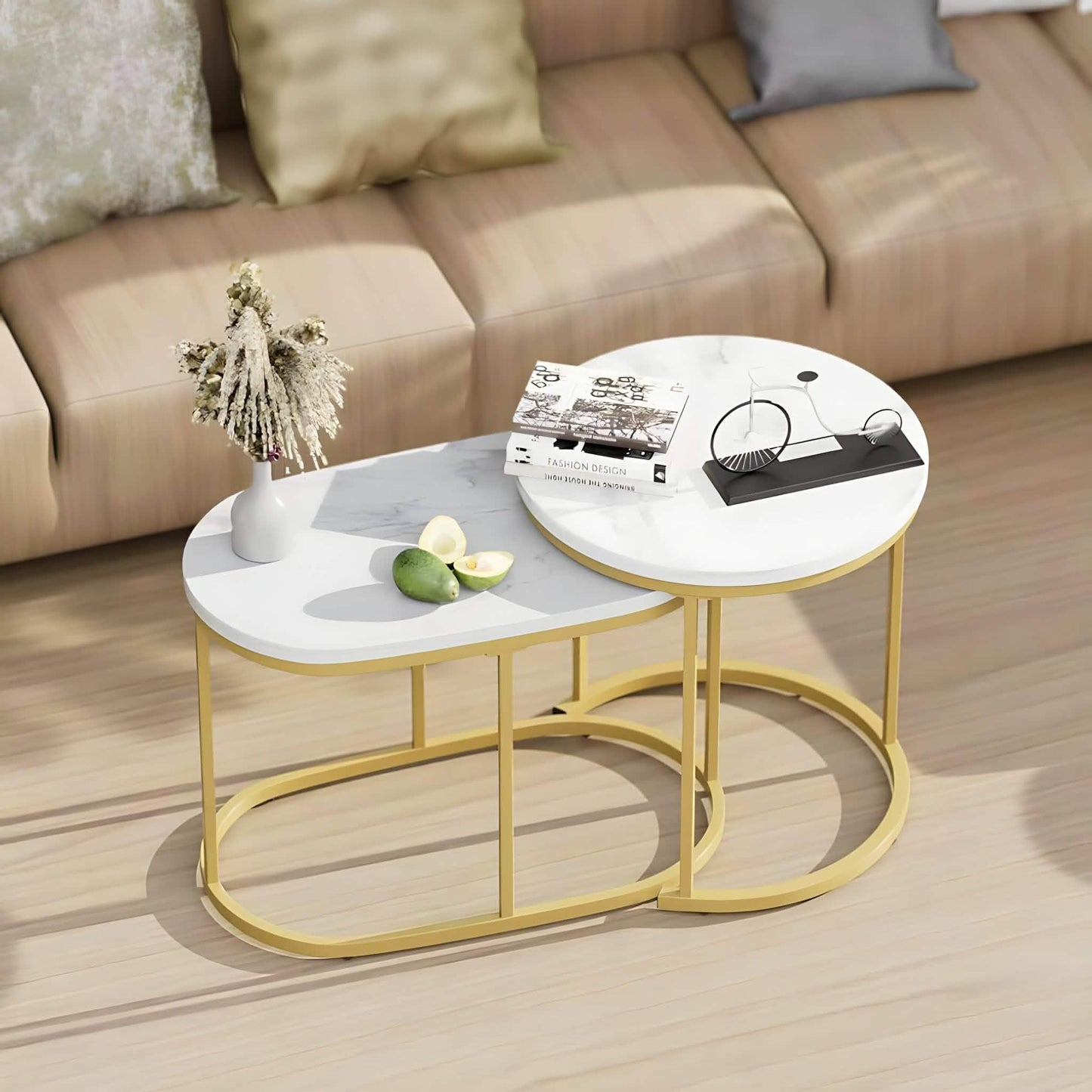 طقم ترابيزات قهوة متداخلة ستيل بسطح رخام، قطعتين