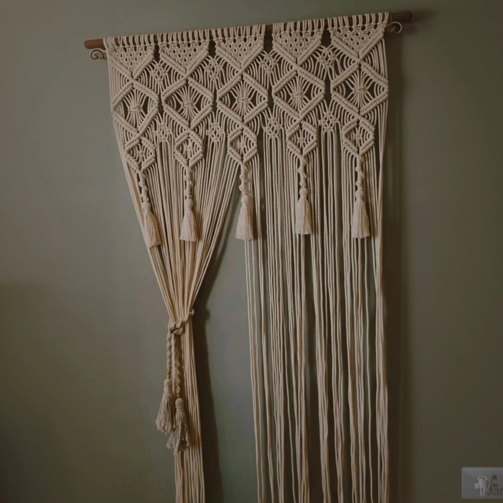 ستارة مكرمية قطن وخشب طبيعي، 100*230 سم