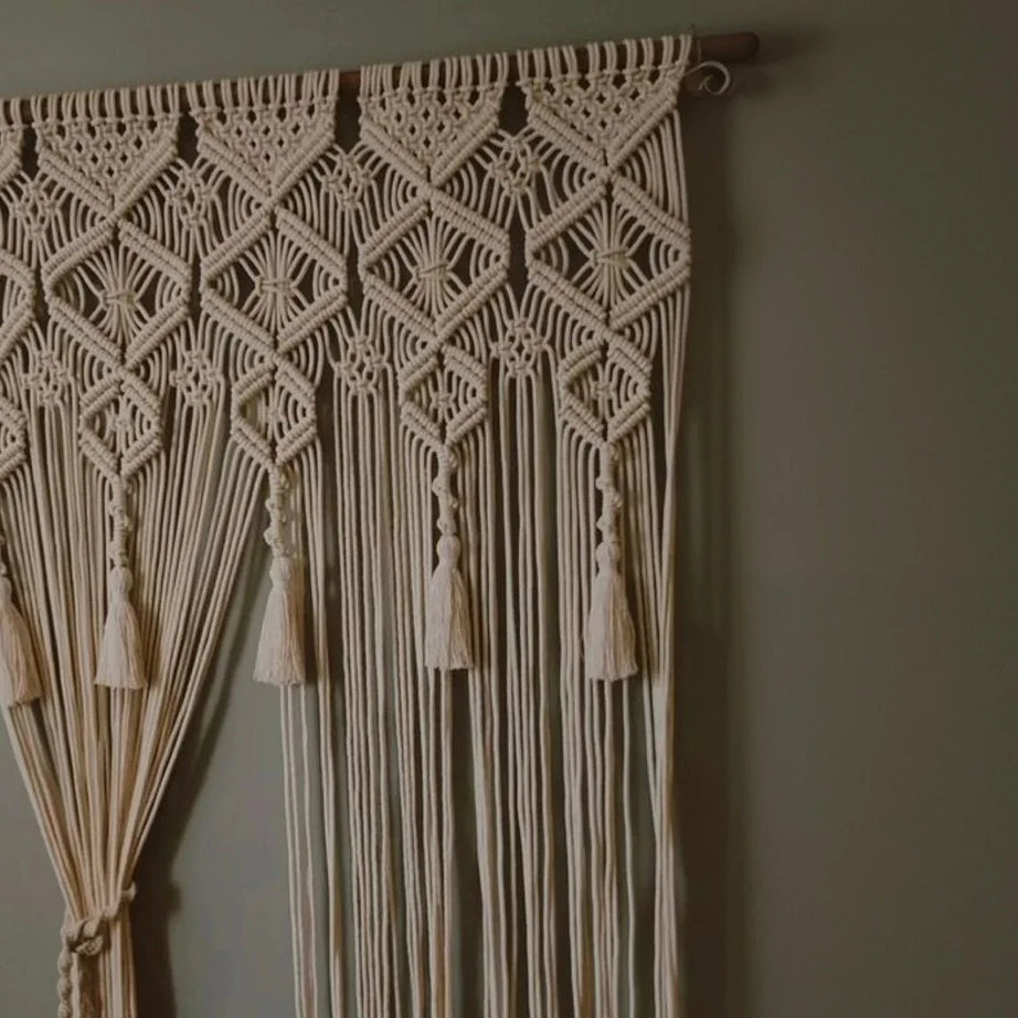 ستارة مكرمية قطن وخشب طبيعي، 100*230 سم