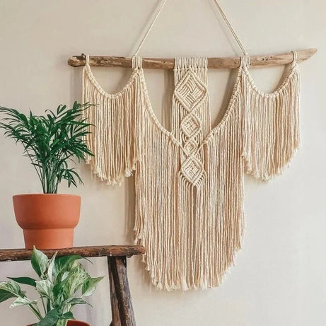 مكرمية حائط خشب طبيعي وقطن، 90*90 سم