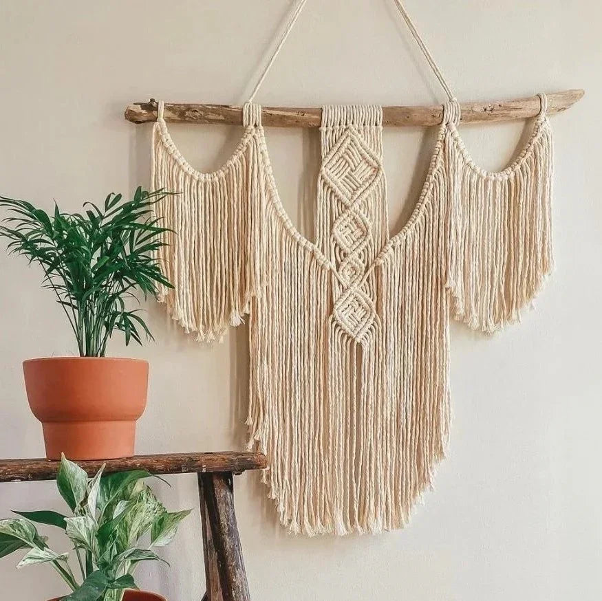 مكرمية حائط خشب طبيعي وقطن، 90*90 سم