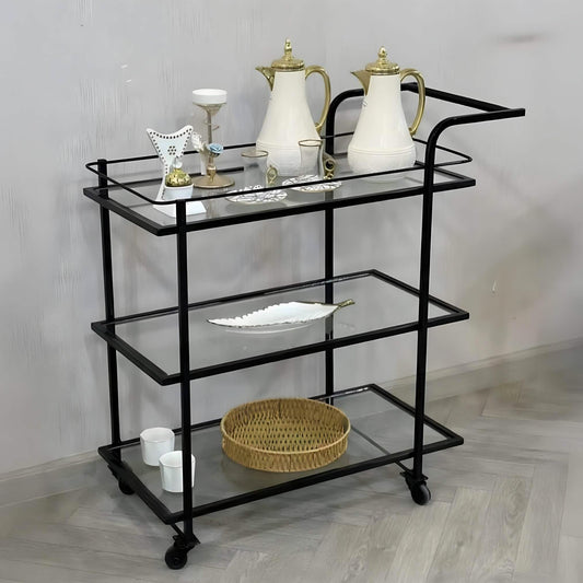 ترابيزة جانبية متحركة ستيل بسطح زجاج، 80*40*85 سم