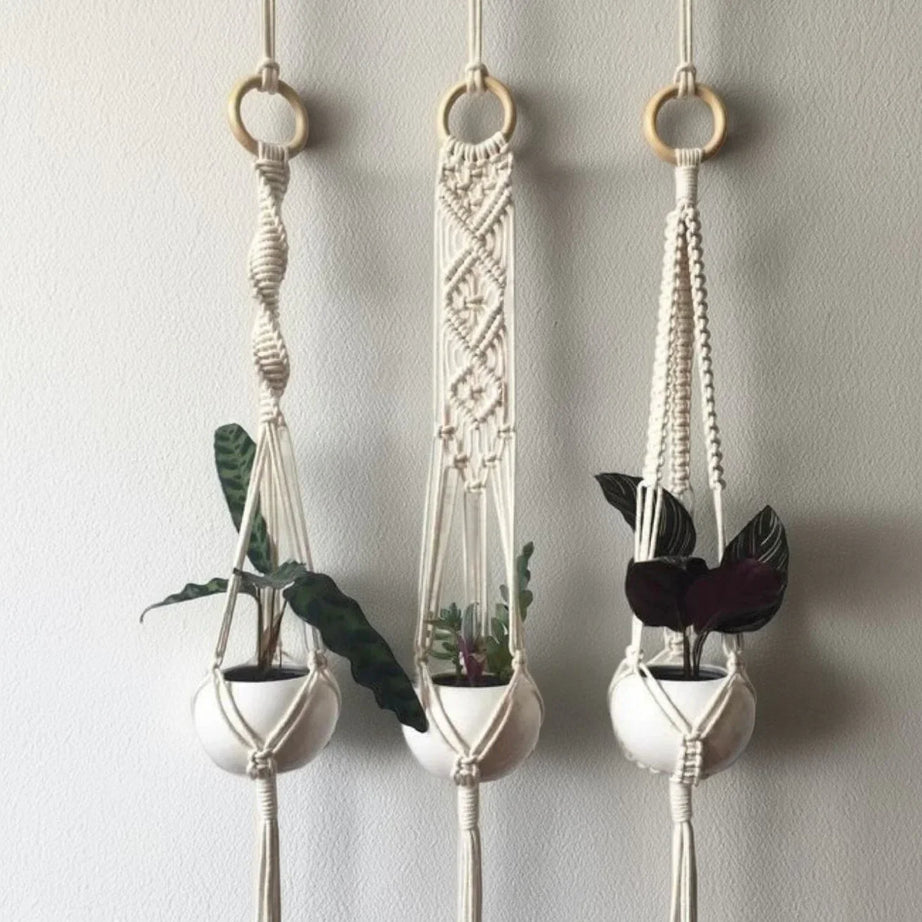 طقم حامل اواني زرع مكرمية قطن، 80 سم - 3 قطع