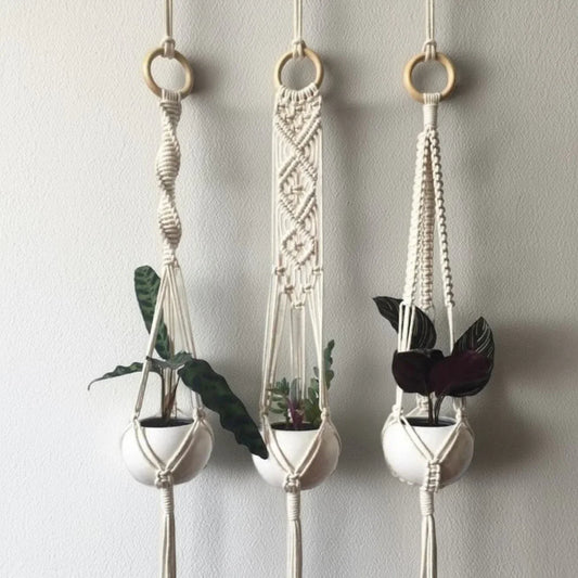 طقم حامل اواني زرع مكرمية قطن، 80 سم - 3 قطع