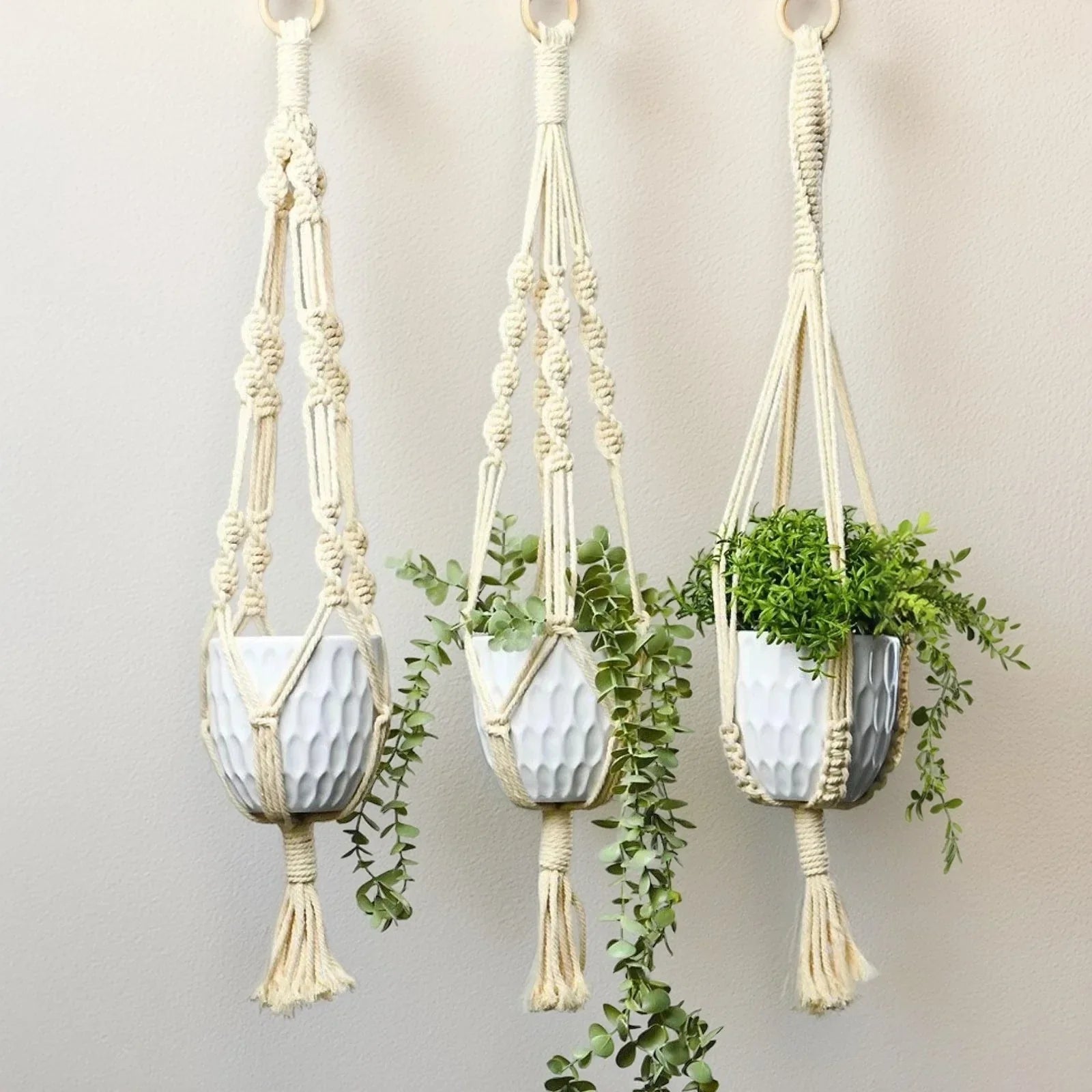 طقم حامل اواني زرع مكرمية قطن، 80 سم - 3 قطع