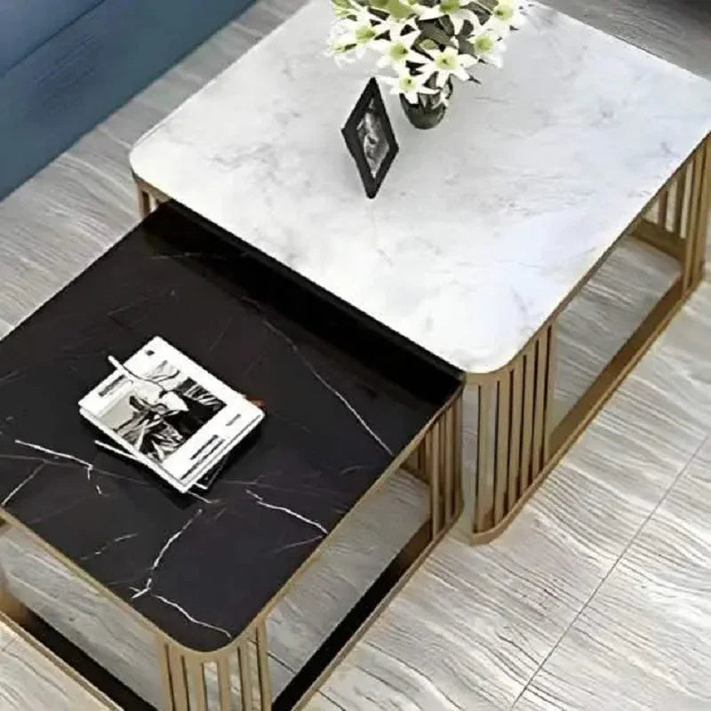 طقم ترابيزات قهوة متداخلة معدن بسطح رخام، قطعتين