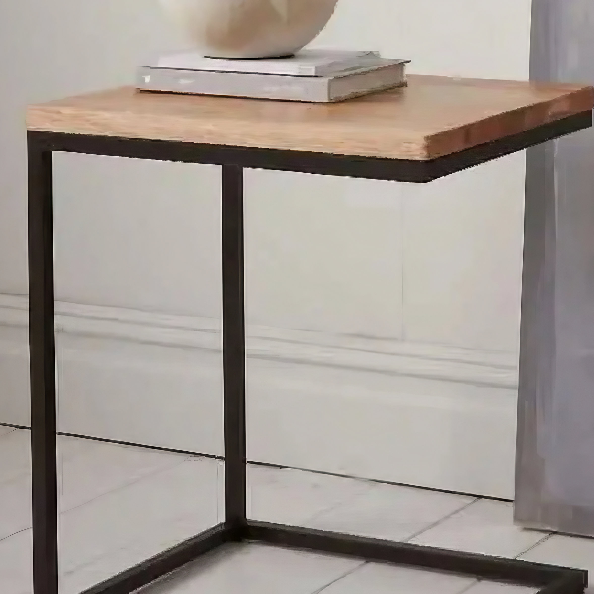 ترابيزة جانبية ستيل بسطح خشب، 40*40*50 سم