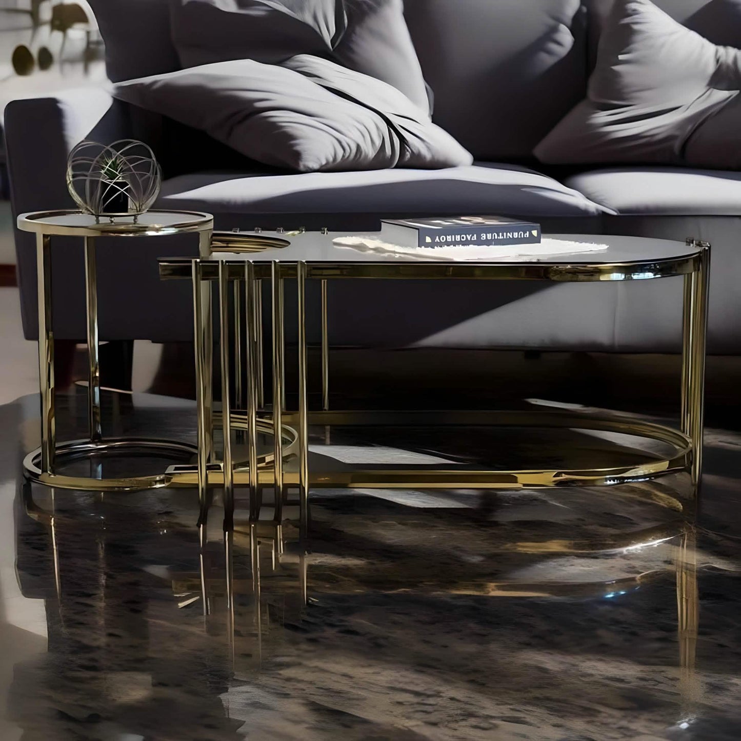 طقم ترابيزات قهوة متداخلة ستيل بسطح زجاج، قطعتين