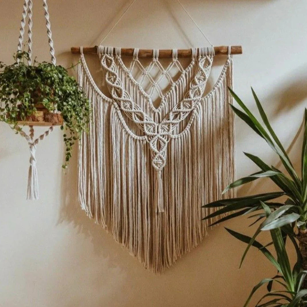 مكرمية حائط قطن وخشب طبيعي، 60*80 سم