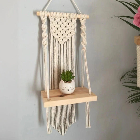 رف مكرمية حائط خشب طبيعي وقطن، 20*40 سم