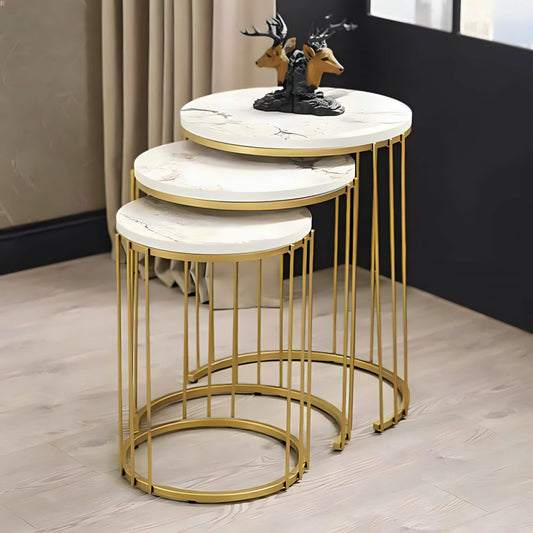 طقم ترابيزات جانبية متداخل ستيل بسطح رخام، 3 قطع