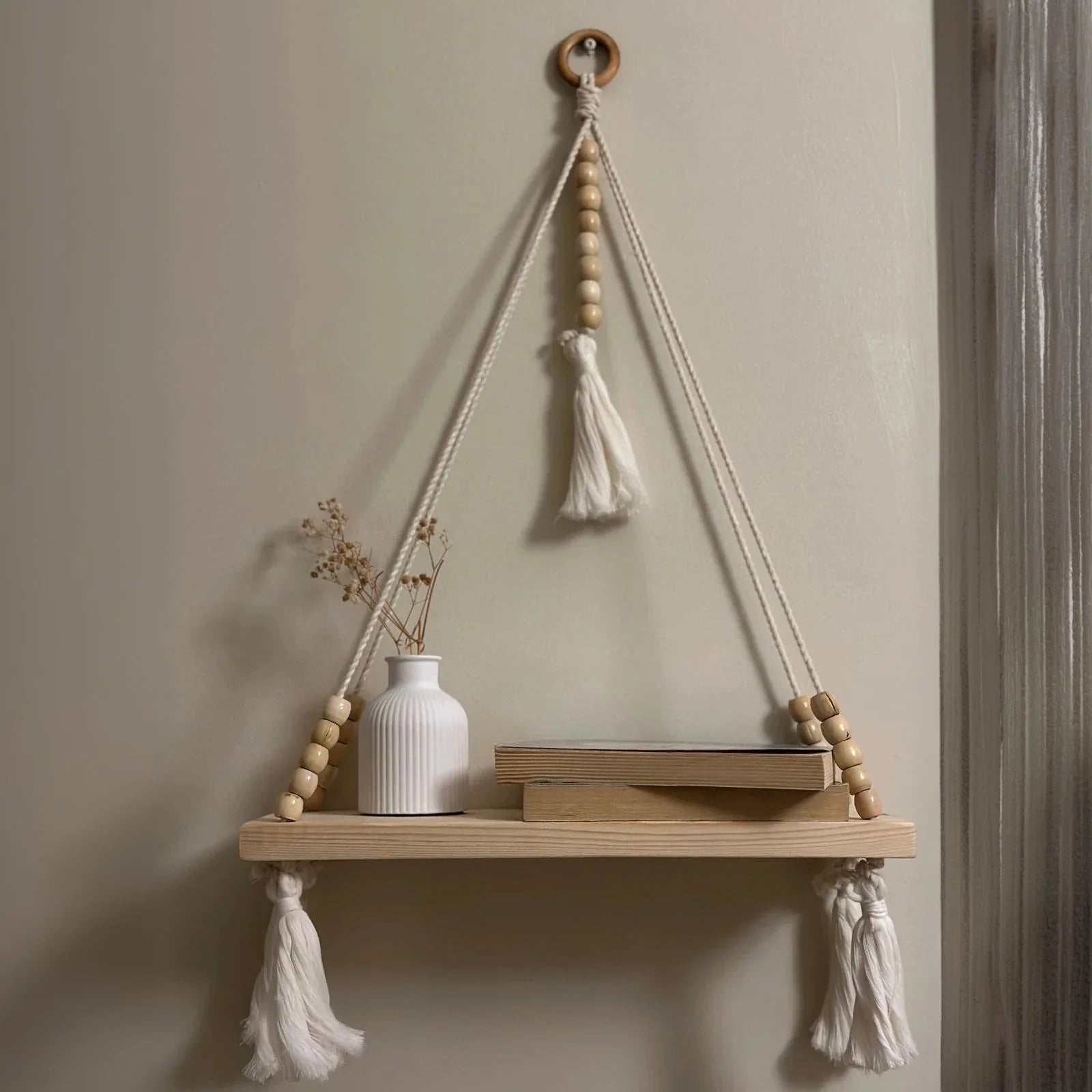 رف مكرمية حائط خشب طبيعي وقطن، 40*60 سم