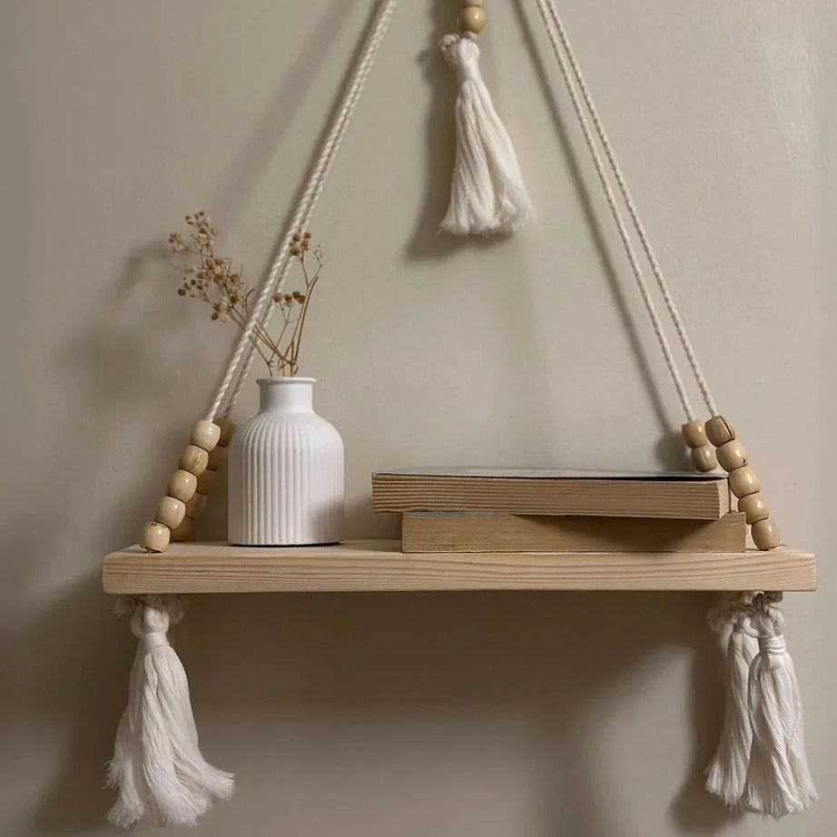 رف مكرمية حائط خشب طبيعي وقطن، 40*60 سم