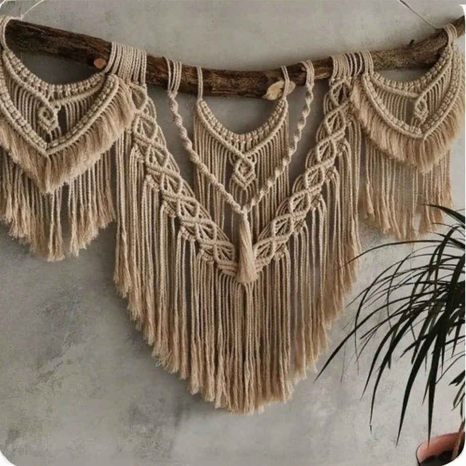 مكرمية حائط خشب طبيعي وقطن، 100*60 سم