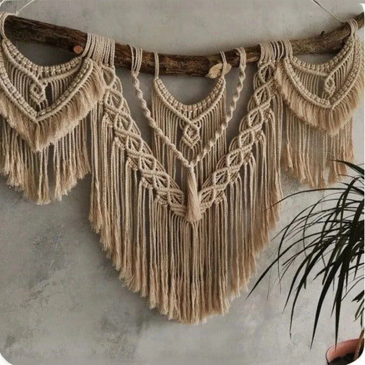 مكرمية حائط خشب طبيعي وقطن، 100*60 سم