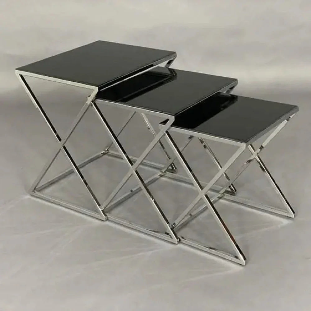 طقم ترابيزات جانبية متداخلة ستيل بسطح زجاج، 3 قطع