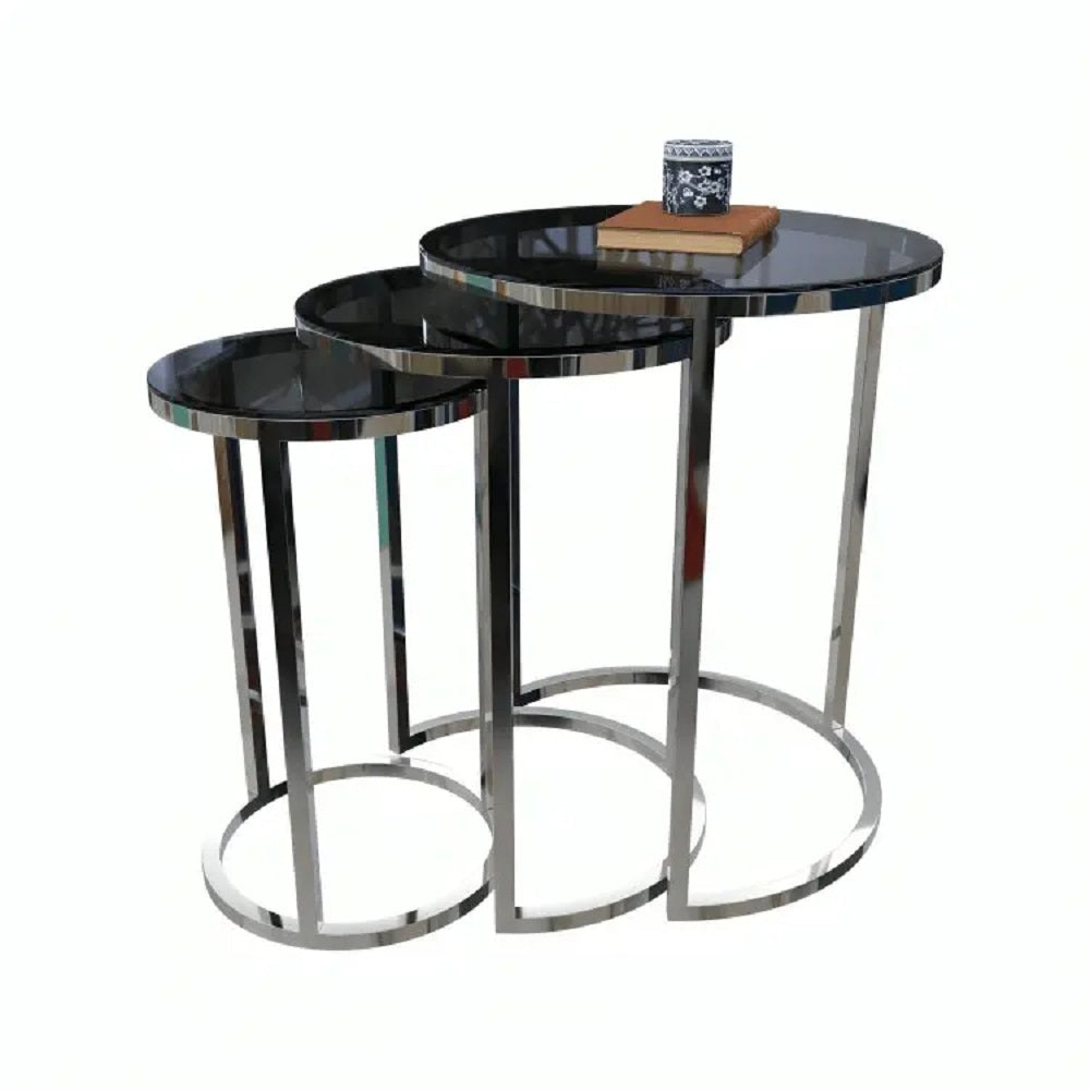 طقم ترابيزات جانبية متداخلة ستيل بسطح زجاج، 3 قطع