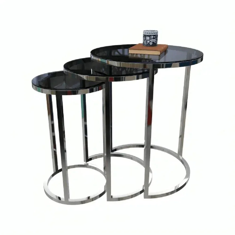 طقم ترابيزات جانبية متداخلة ستيل بسطح زجاج، 3 قطع