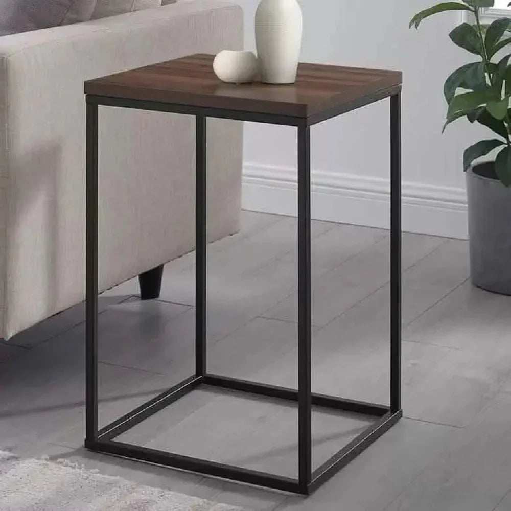 ترابيزة جانبية ستيل بسطح خشب، 40*40*50 سم
