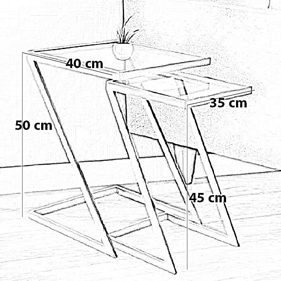 طقم ترابيزات جانبية متداخلة معدن بسطح زجاج مستطيل مع أرجل معدنية مائلة تصميم هندسي حديث