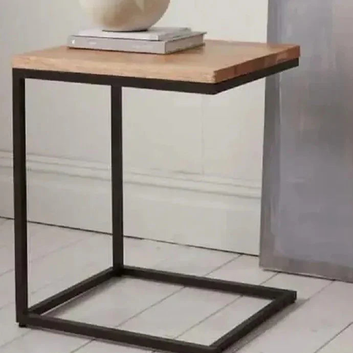 ترابيزة جانبية ستيل بسطح خشب، 40*40*50 سم