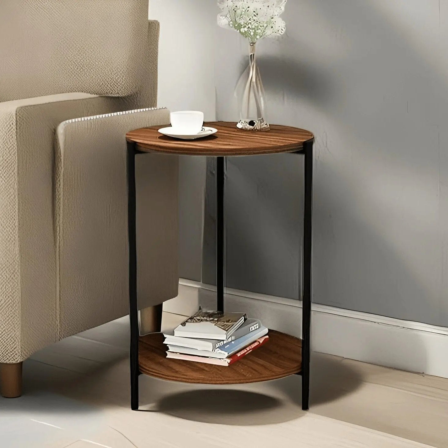 ترابيزة جانبية معدن بسطح خشب، 40*60 سم