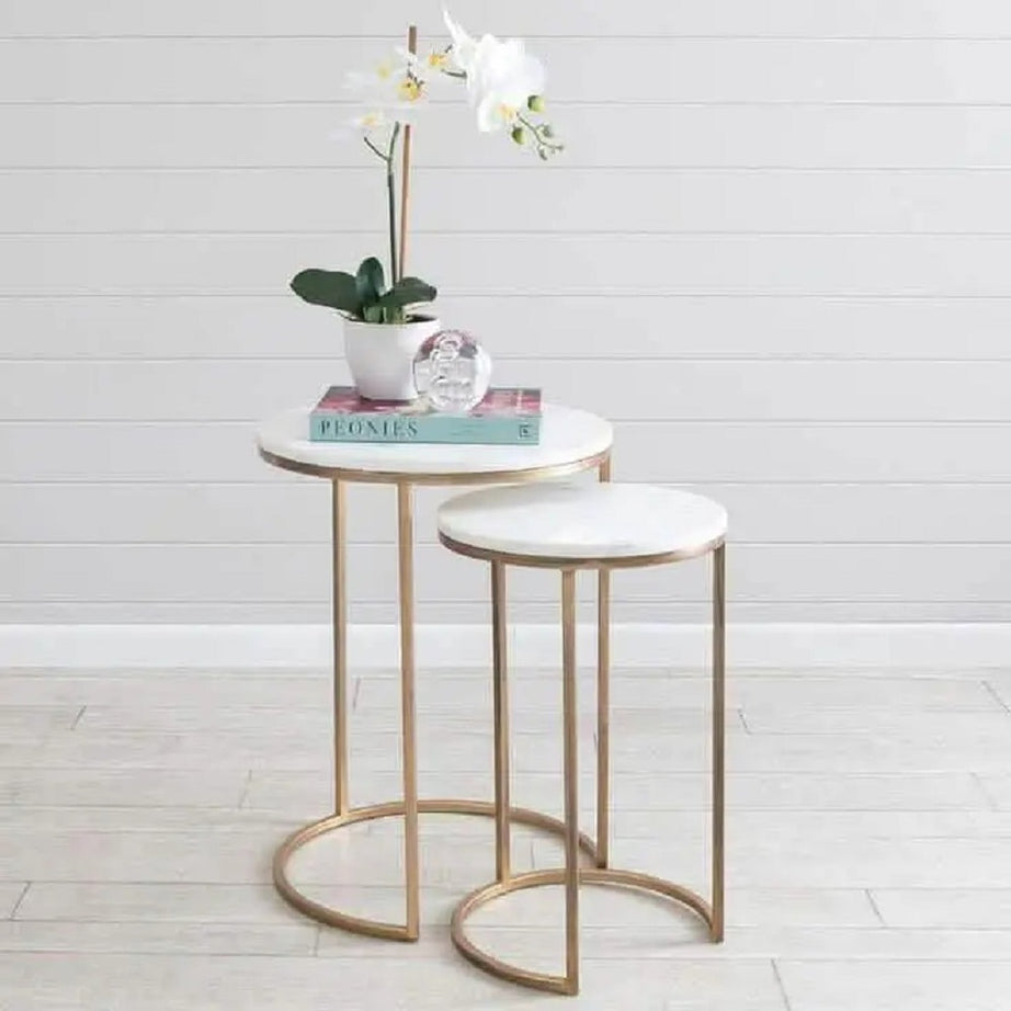 طقم ترابيزات جانبية متداخلة معدن بسطح رخام، قطعتين