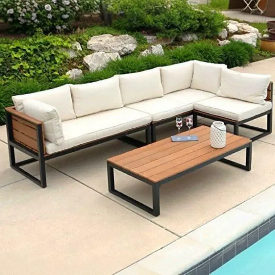 طقم اثاث خارجي معدن وخشب طبيعي، قطعتين