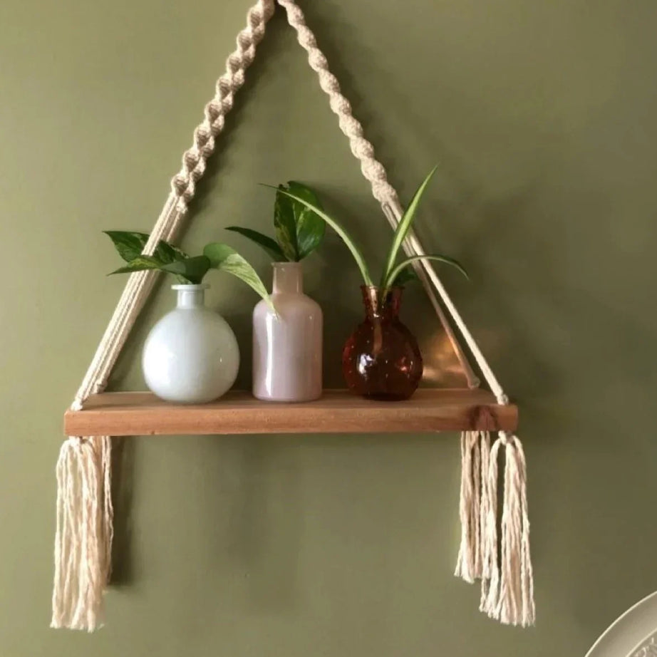 رف مكرمية حائط خشب طبيعي وقطن، 60*40 سم