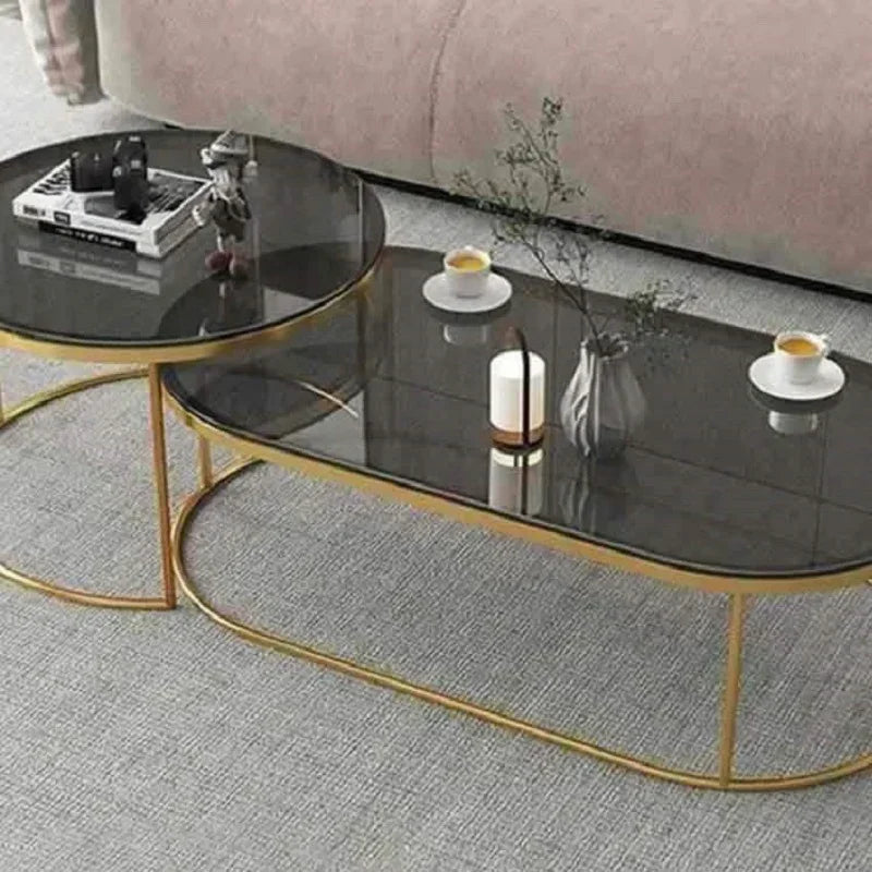 طقم ترابيزات قهوة متداخلة ستيل بسطح زجاج، قطعتين