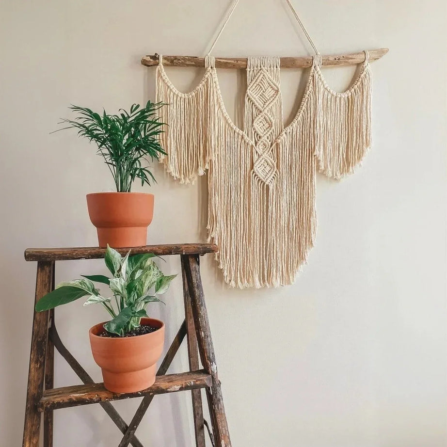 مكرمية حائط خشب طبيعي وقطن، 90*90 سم