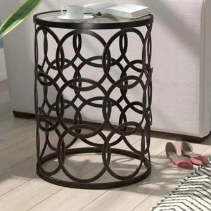 ترابيزة جانبية ستيل بلون برونزي داكن بتصميم شبكي دائري وزجاج شفاف مقاس 45 في 45 في 50 سم
