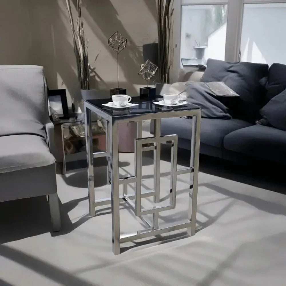 ترابيزة جانبية ستيل بسطح زجاج، 45*45*60 سم