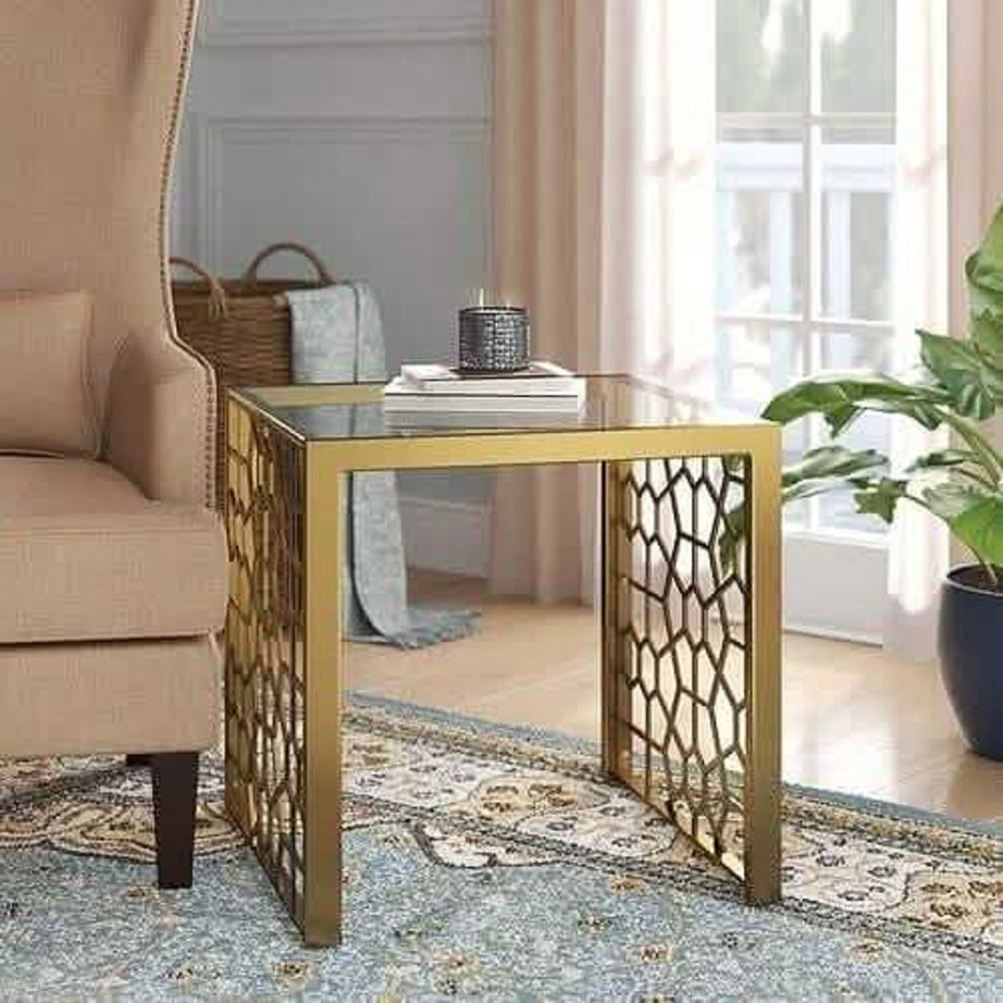 ترابيزة جانبية ستيل بسطح زجاج، 45*45*50 سم