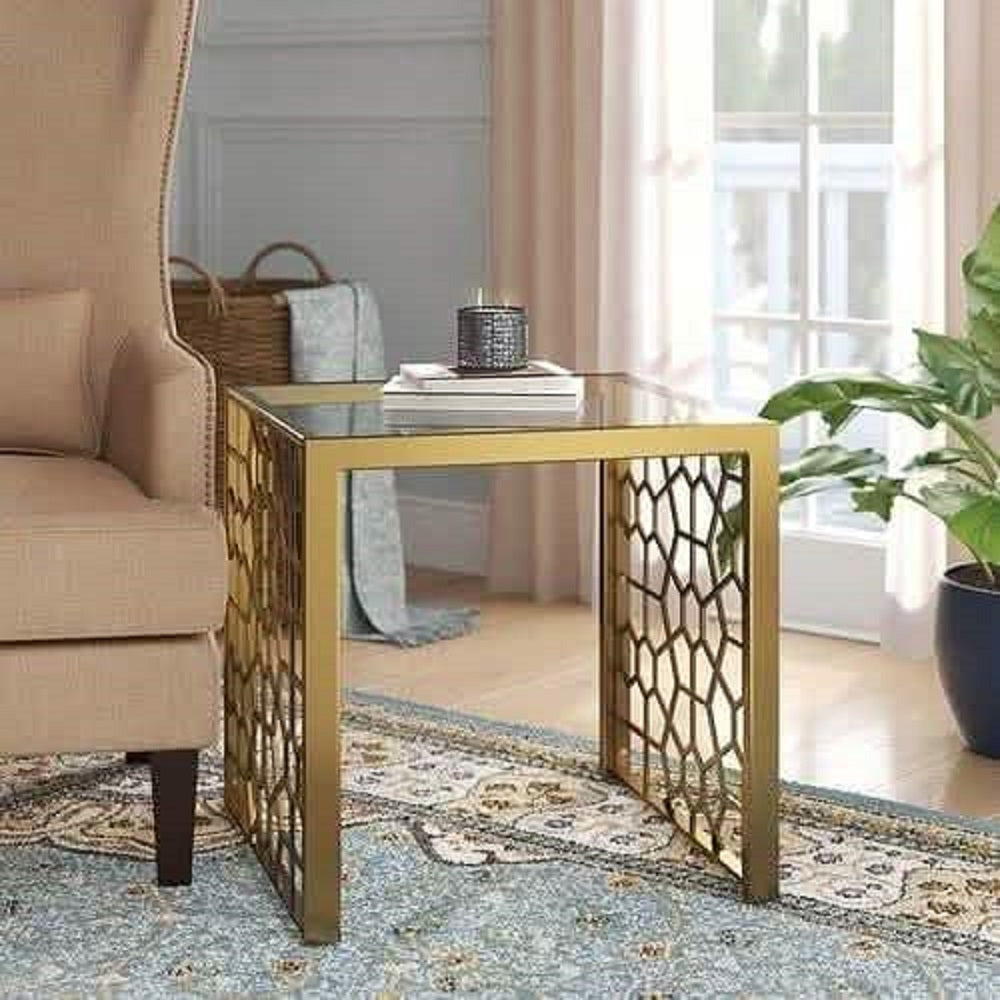 ترابيزة جانبية ستيل بسطح زجاج، 45*45*50 سم