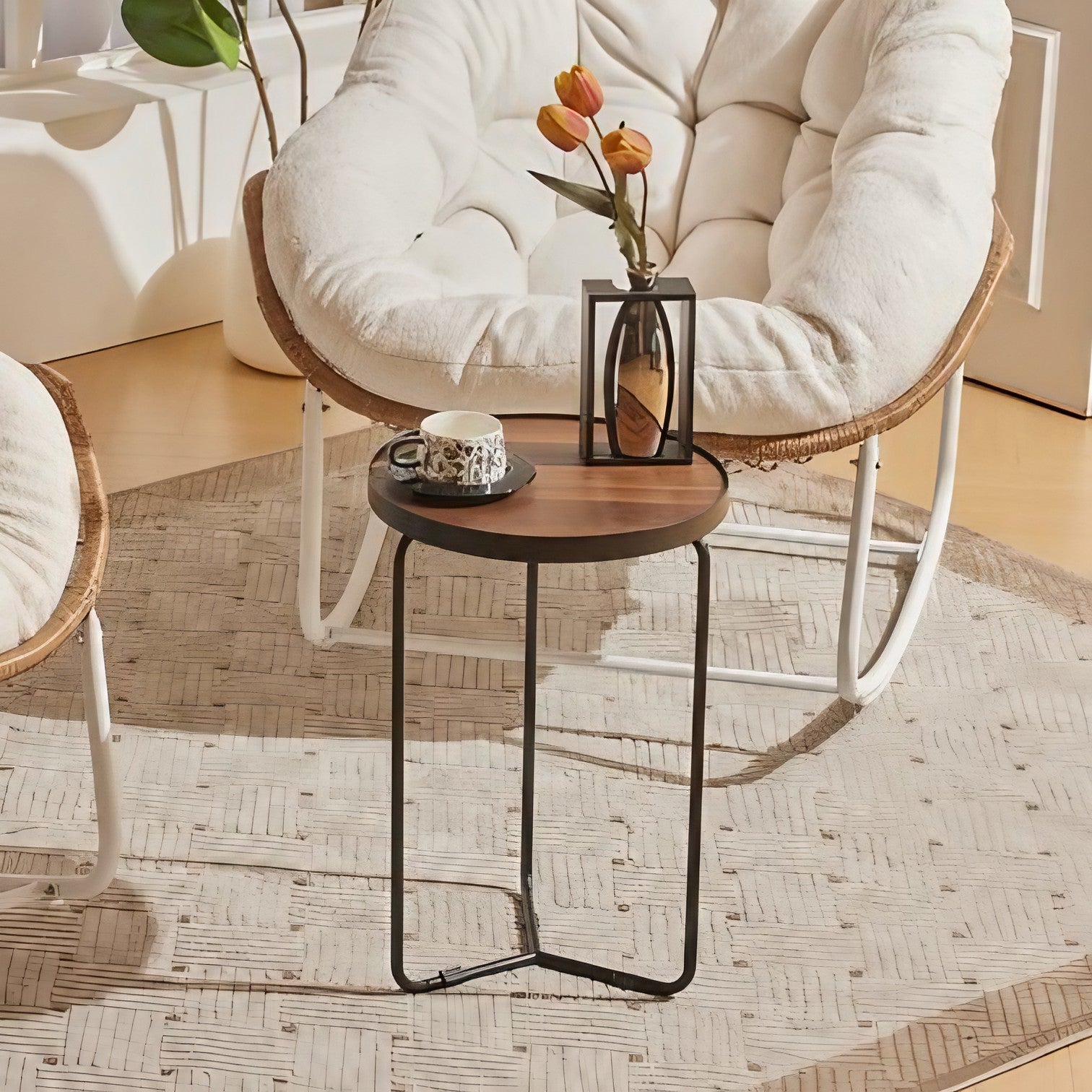 طقم كراسي هزاز خارجي مع ترابيزة خارجية ستيل وراتان، 3 قطع